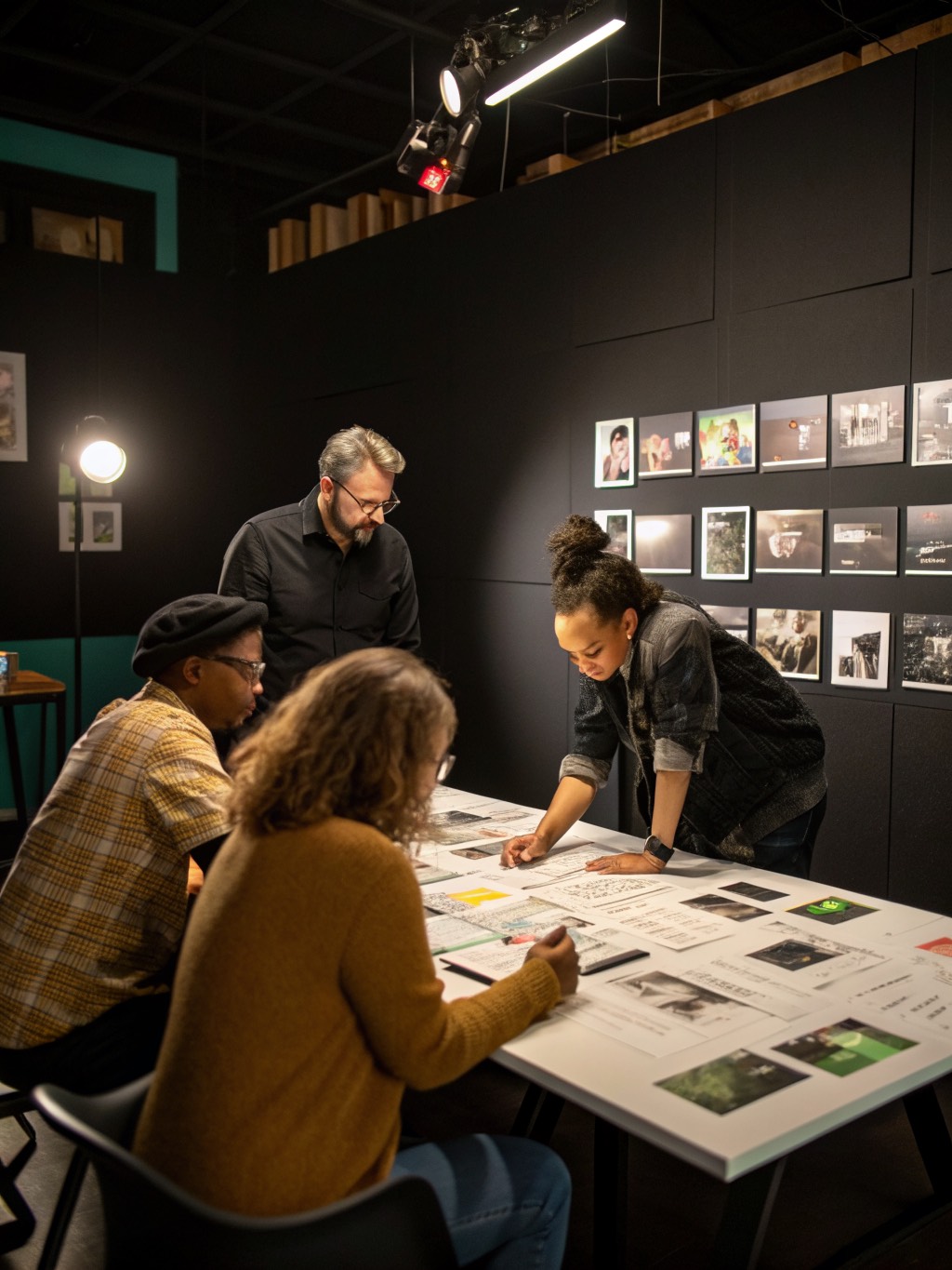 Creative team reviewing printed layouts in a dark studio
